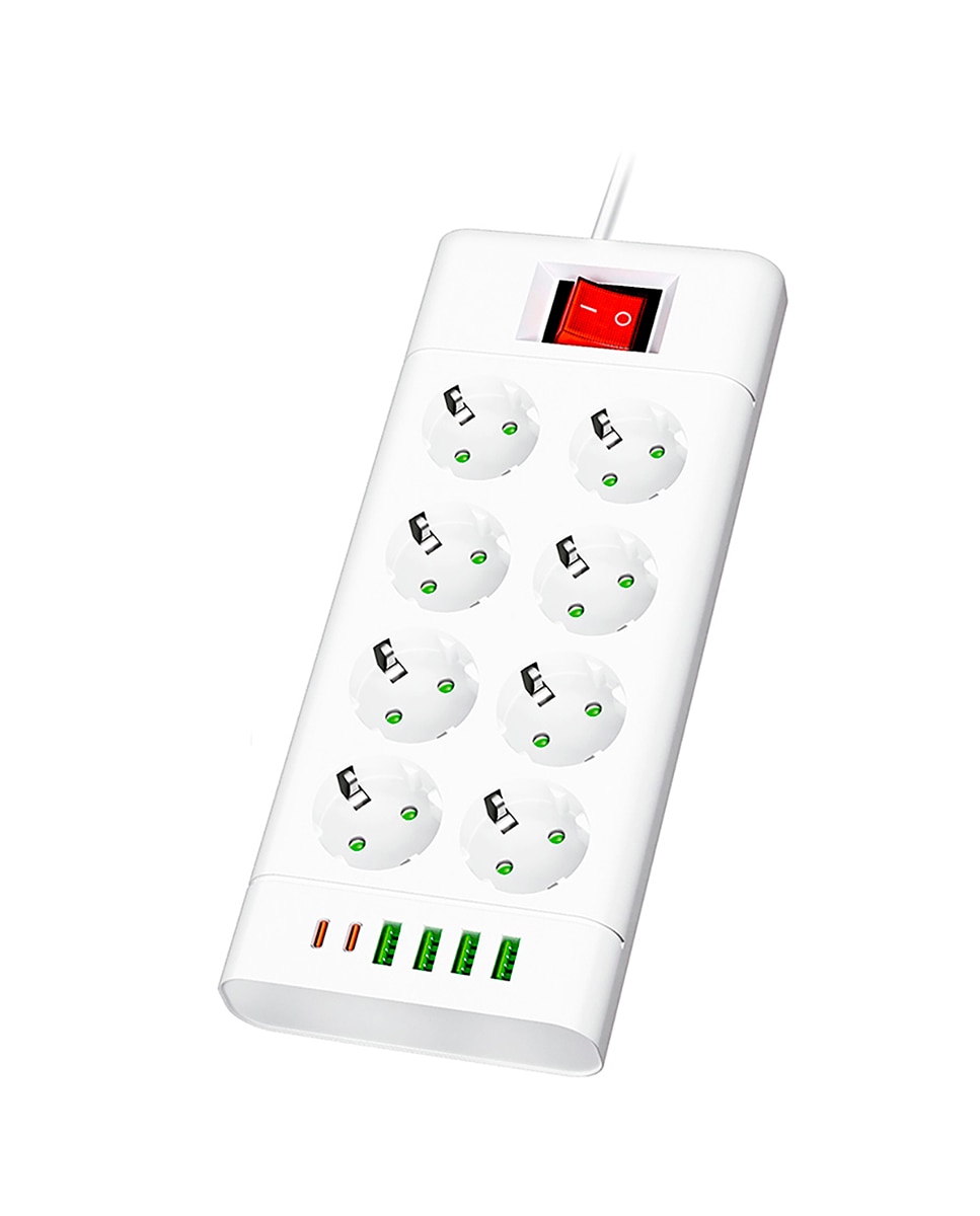 Imagen 0 de Regleta multifunción con interruptor y 2500W. Con 8 enchufes EU, 4 puertos USB y 2 puerto USB C.