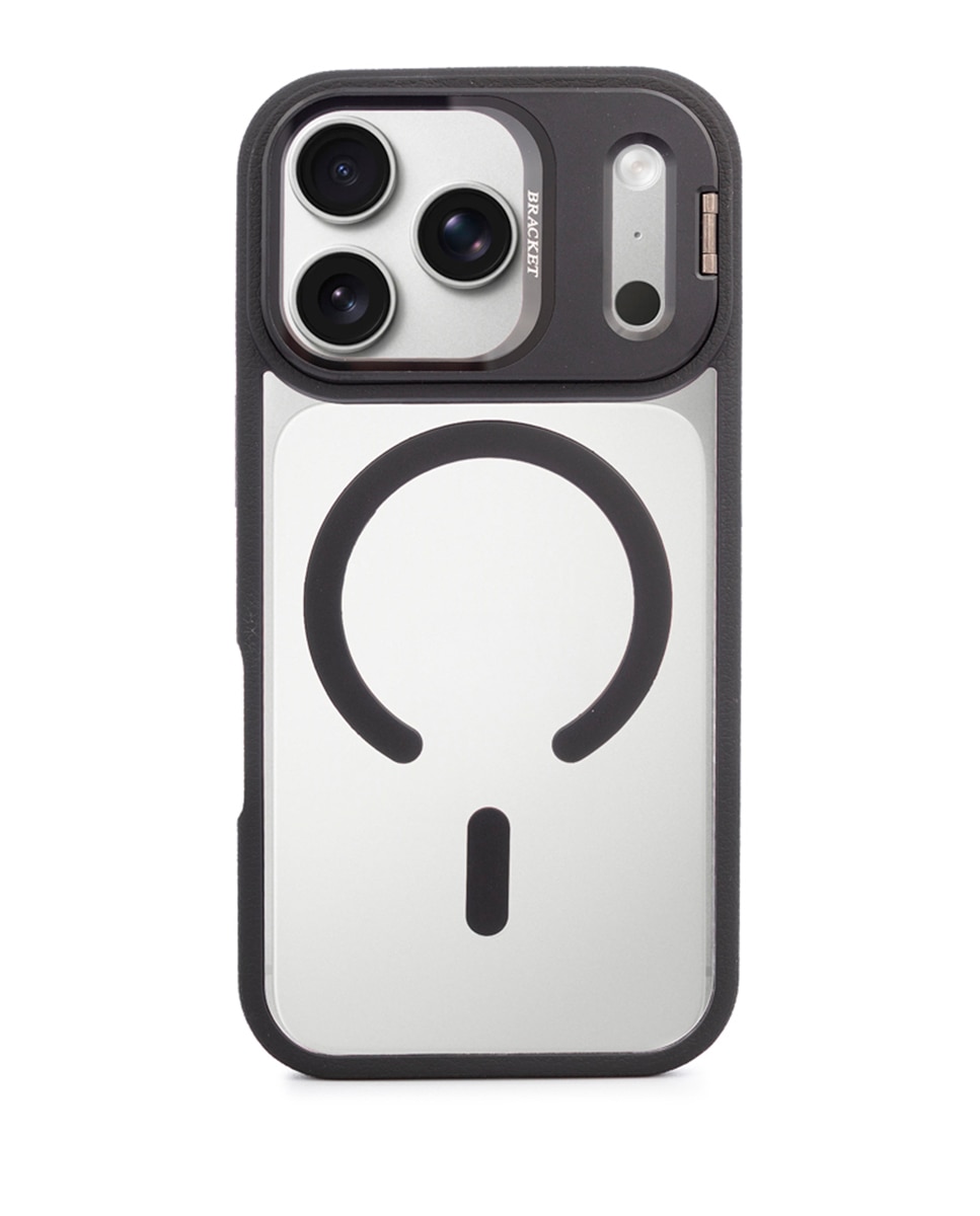 Imagen 0 de Carcasa transparente con cubierta de cámara abatible que funciona como soporte, bordes negros. MagSafe para iPhone 17 Pro.