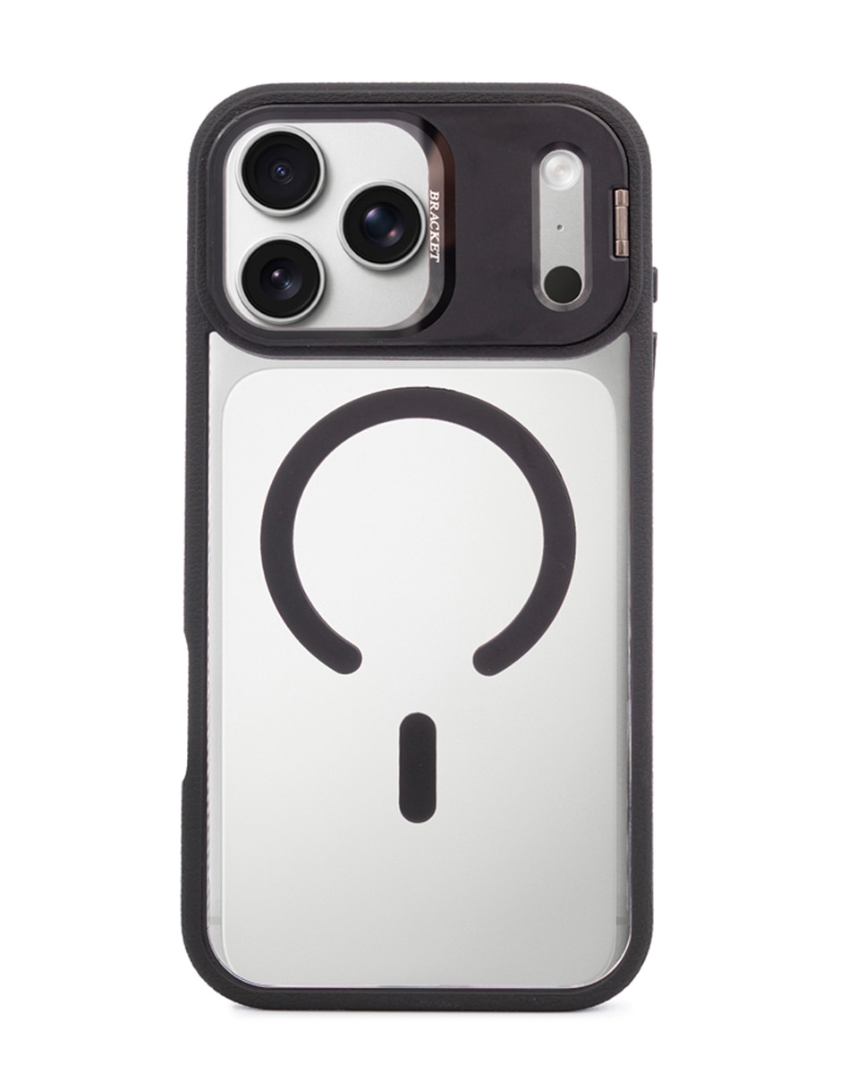 Imagen 0 de Carcasa transparente con cubierta de cámara abatible que funciona como soporte, bordes negros. MagSafe para iPhone 17 Pro Max.