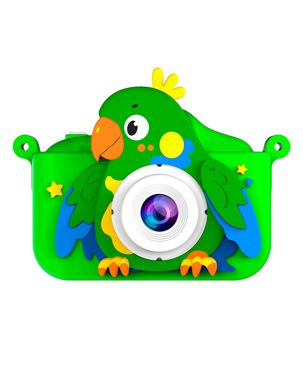 Imagen 0 de Cámara infantil de fotos y video. 44mpx y video FHD, zoom digital 8x. Cámara trasera para selfies, juegos incorporados. Funda de silicona diseño loro.