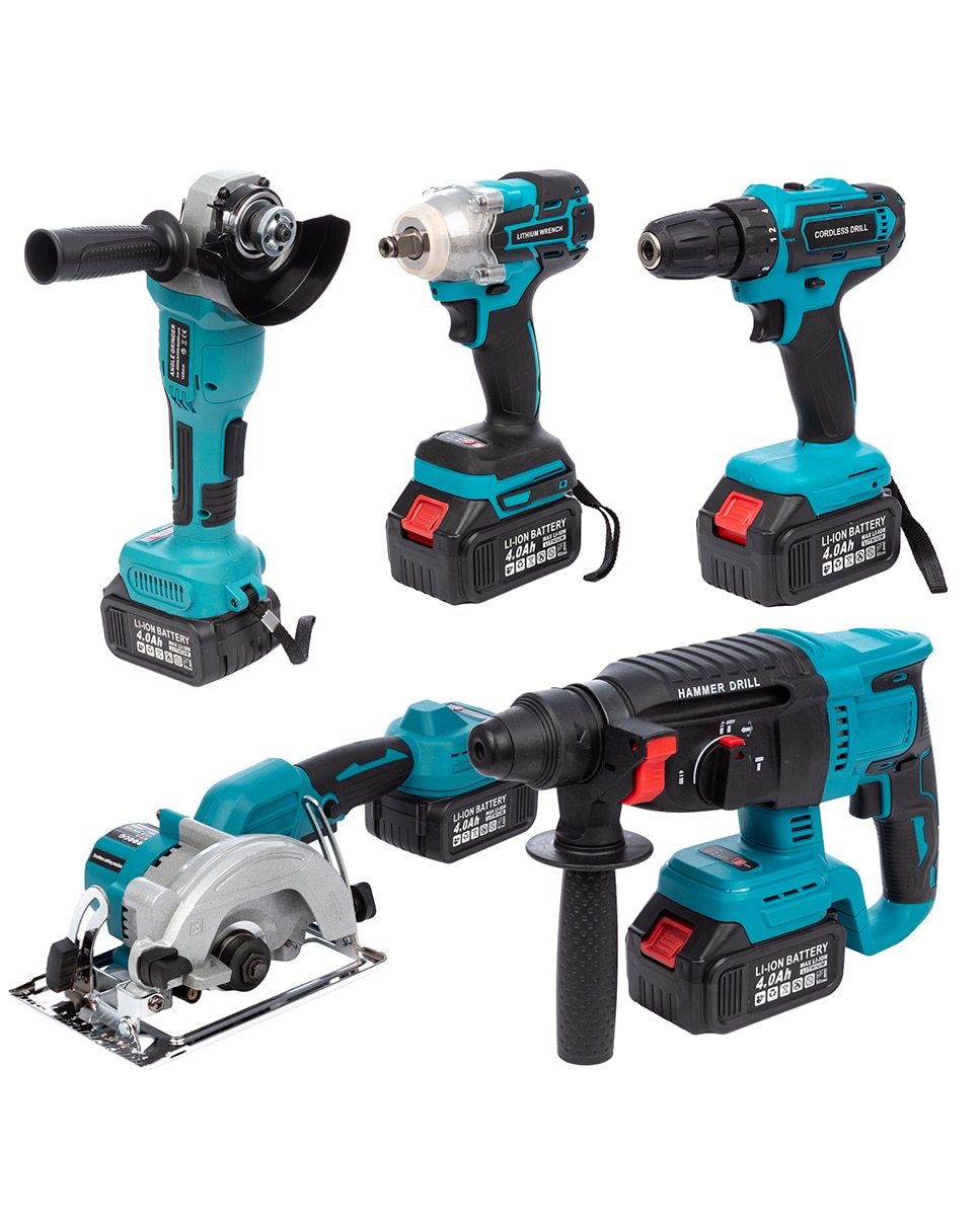 Imagen 0 de Set de 5 herramientas eléctricas, radial angular, martillo perforador, taladro, sierra de calar y llave de impacto 21V. 4 baterias de 13000 mah