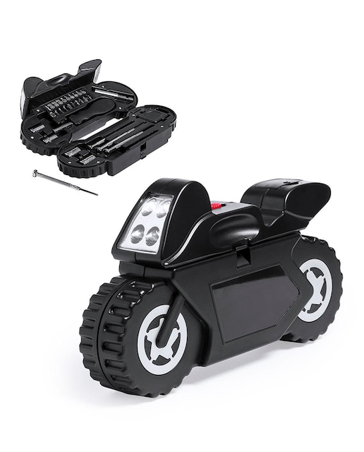 Imagen 0 de Set de herramientas Mostik con 21 accesorios en estuche con diseño de moto y linterna de 4 LEDs integrada, pilas incluidas.