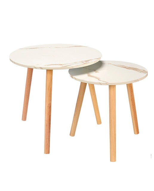 Imagen 0 de Set de 2 mesas blancas auxiliares con patas naturales. Diámetros de 39cm y 48cm.