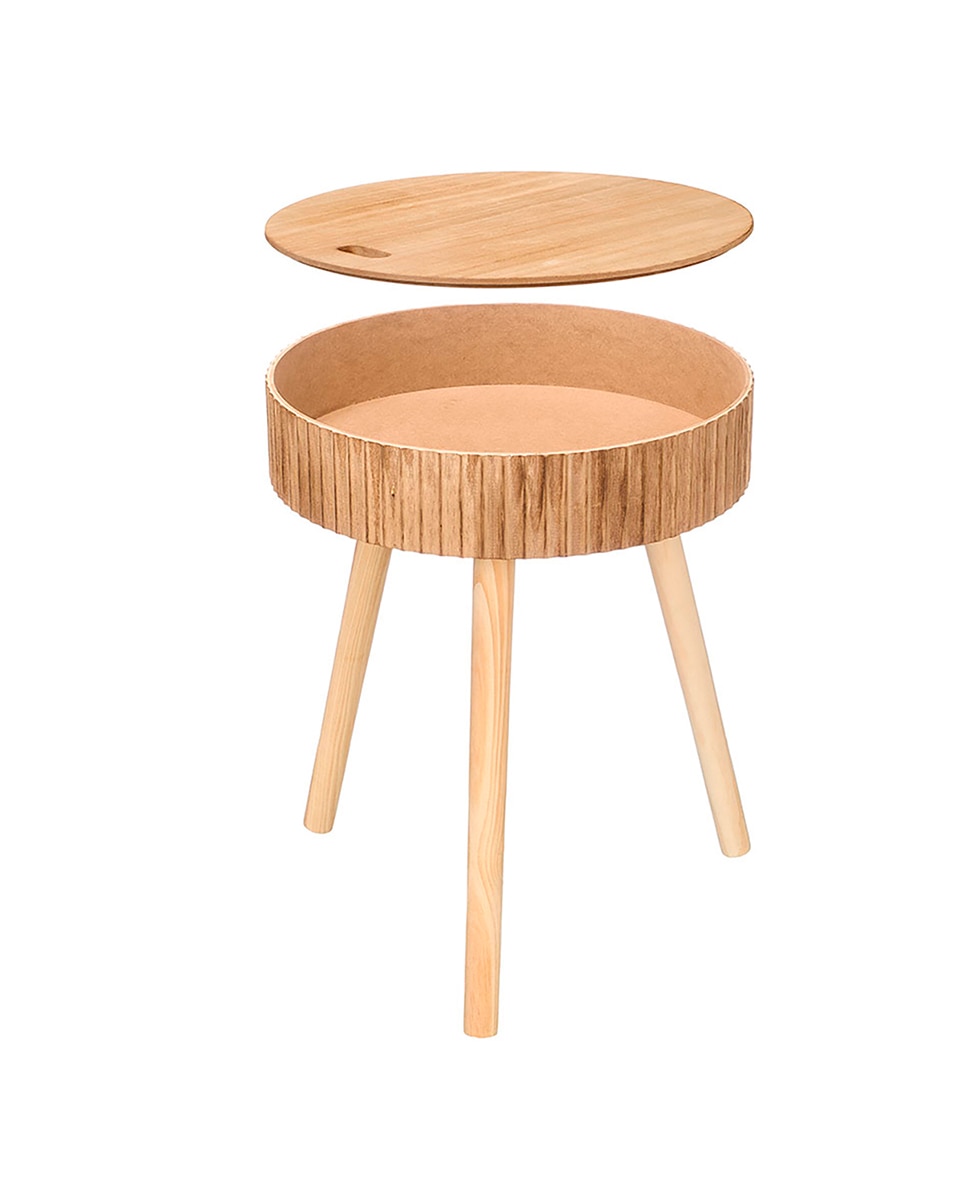 Imagen 0 de Mesa auxiliar natural con diseño de ondas, tapa elevable y compartimento interior, 38 cm de diámetro.