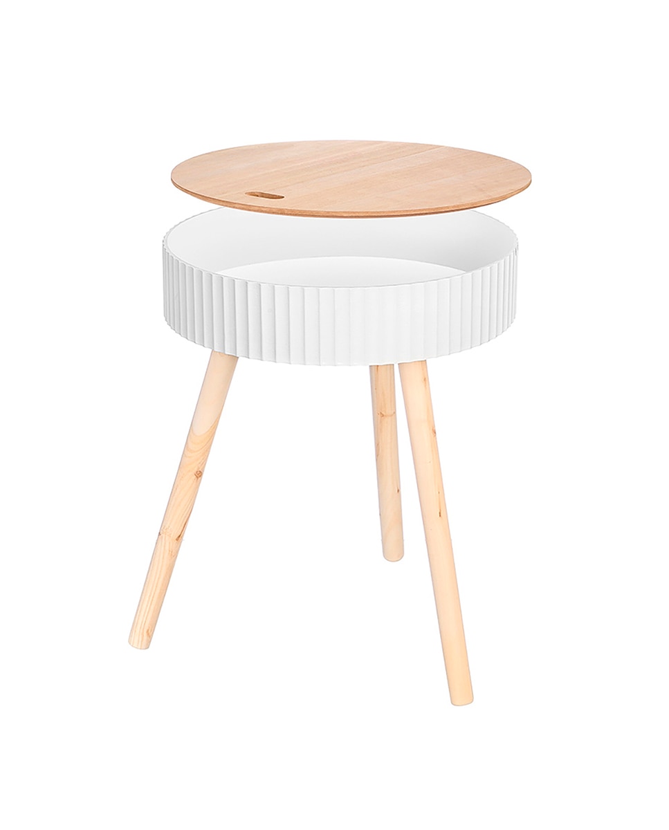 Imagen 0 de Mesa auxiliar blanca con diseño de ondas, tapa elevable y compartimento interior, 38 cm de diámetro.