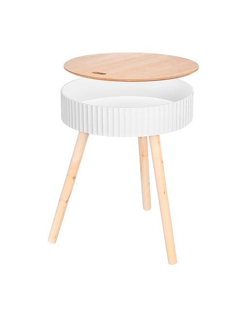 Imagen 0 de Mesa auxiliar blanca con diseño de ondas, tapa elevable y compartimento interior, 38 cm de diámetro.