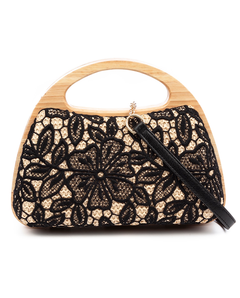 Imagen 0 de Ausa bolso de mano fabricado en madera natural, con papel trenzado y yute diseño malla de tejido floral