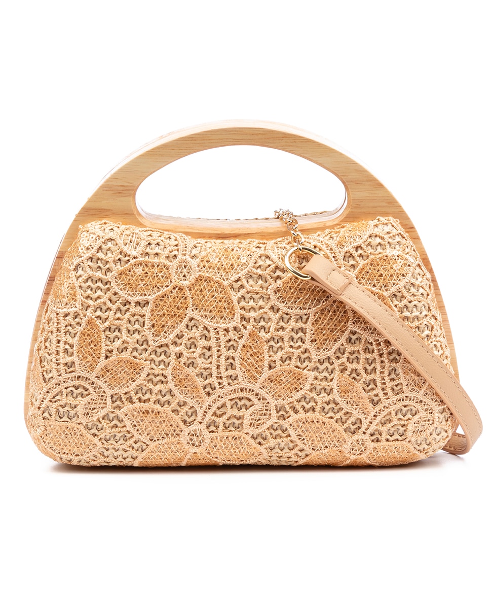 Imagen 0 de Ausa bolso de mano fabricado en madera natural, con papel trenzado y yute diseño malla de tejido floral