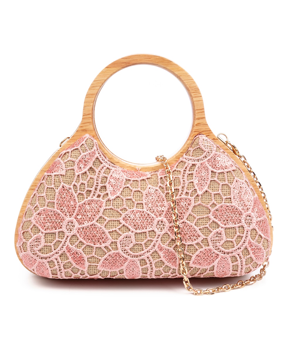 Imagen 0 de Avisio bolso de mano fabricado en madera natural, algodón y yute con diseño malla de tejido floral
