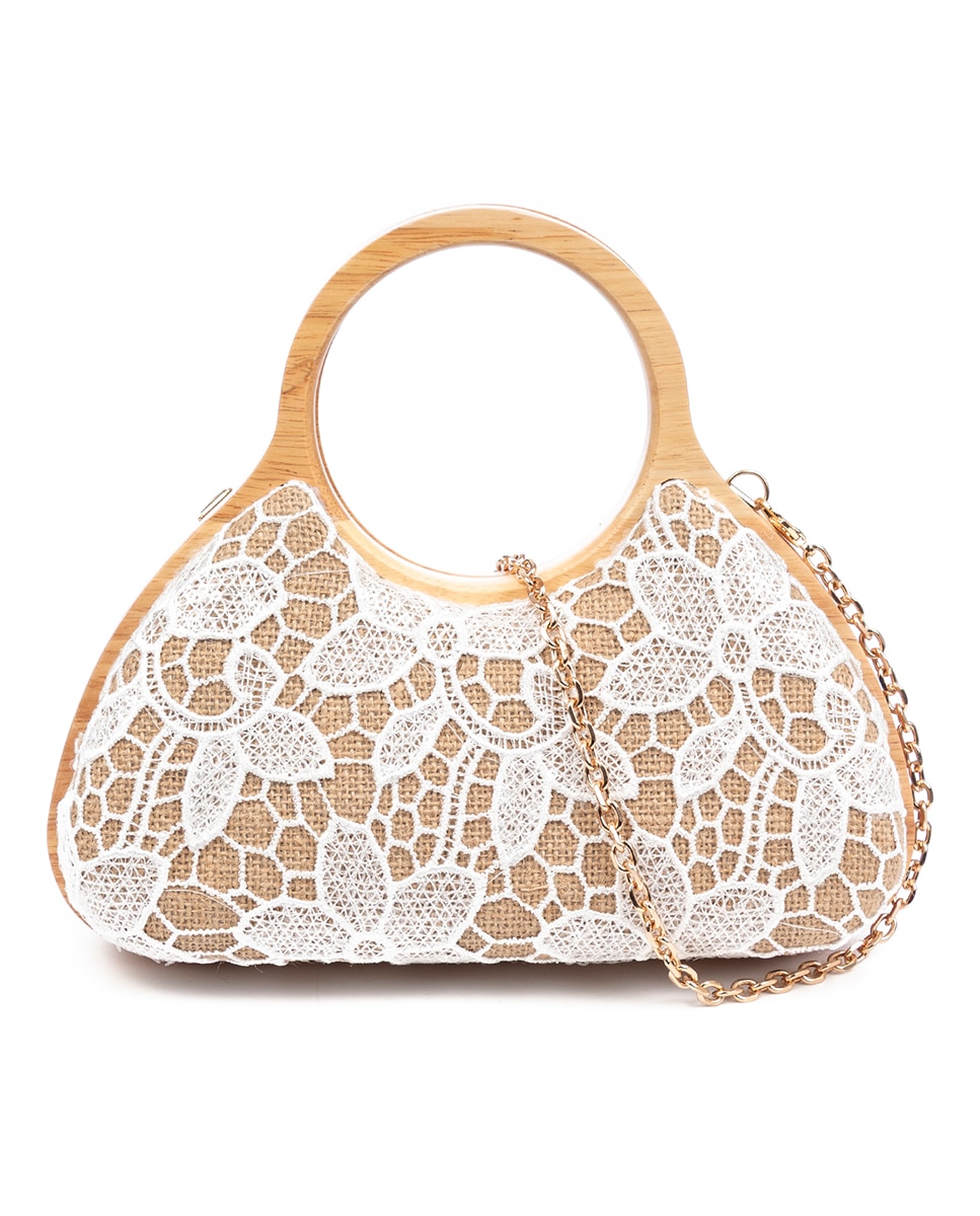 Imagen 0 de Avisio bolso de mano fabricado en madera natural, algodón y yute con diseño malla de tejido floral