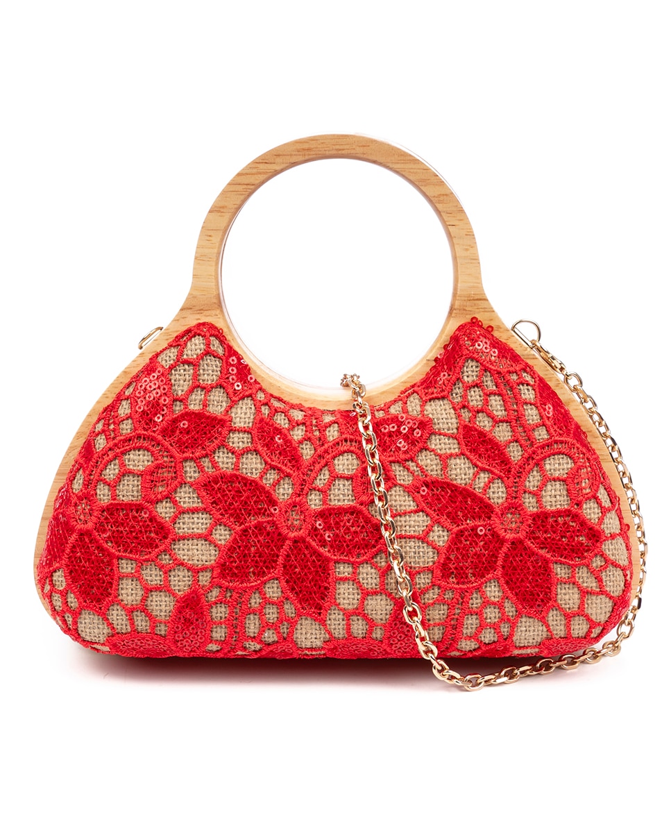 Imagen 0 de Avisio bolso de mano fabricado en madera natural, algodón y yute con diseño malla de tejido floral