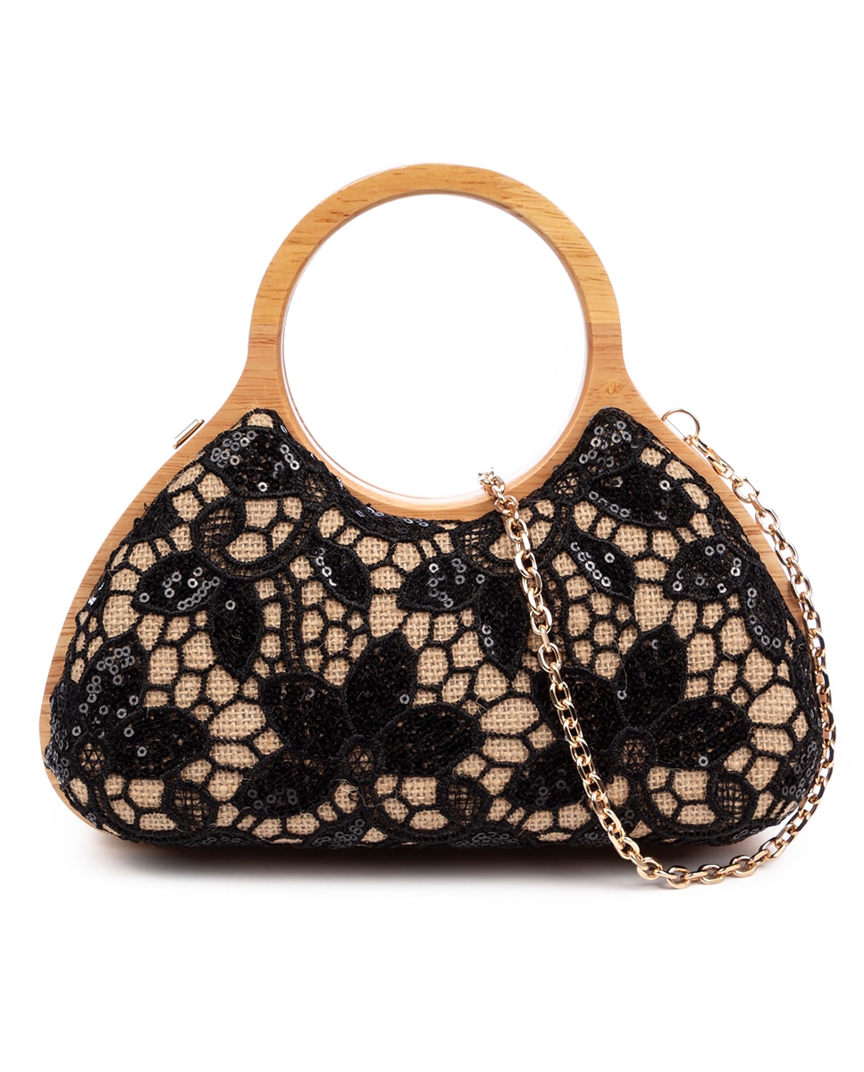 Imagen 0 de Avisio bolso de mano fabricado en madera natural, algodón y yute con diseño malla de tejido floral