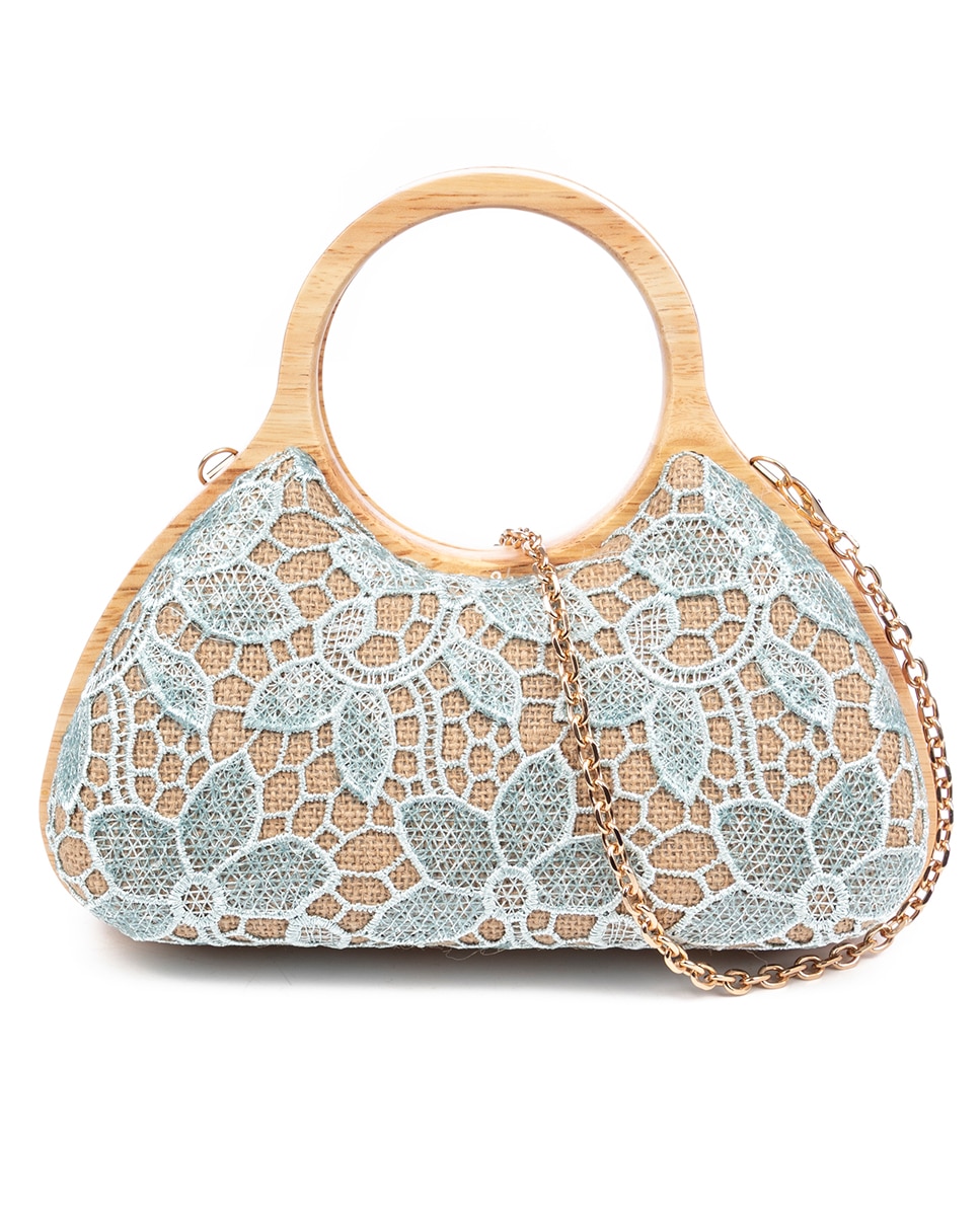 Imagen 0 de Avisio bolso de mano fabricado en madera natural, algodón y yute con diseño malla de tejido floral