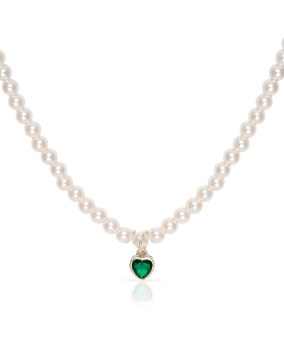 Imagen 0 de Collar de plata de ley 925 con cuentas de perla y colgante de corazón de cicón verde con cierre de resorte