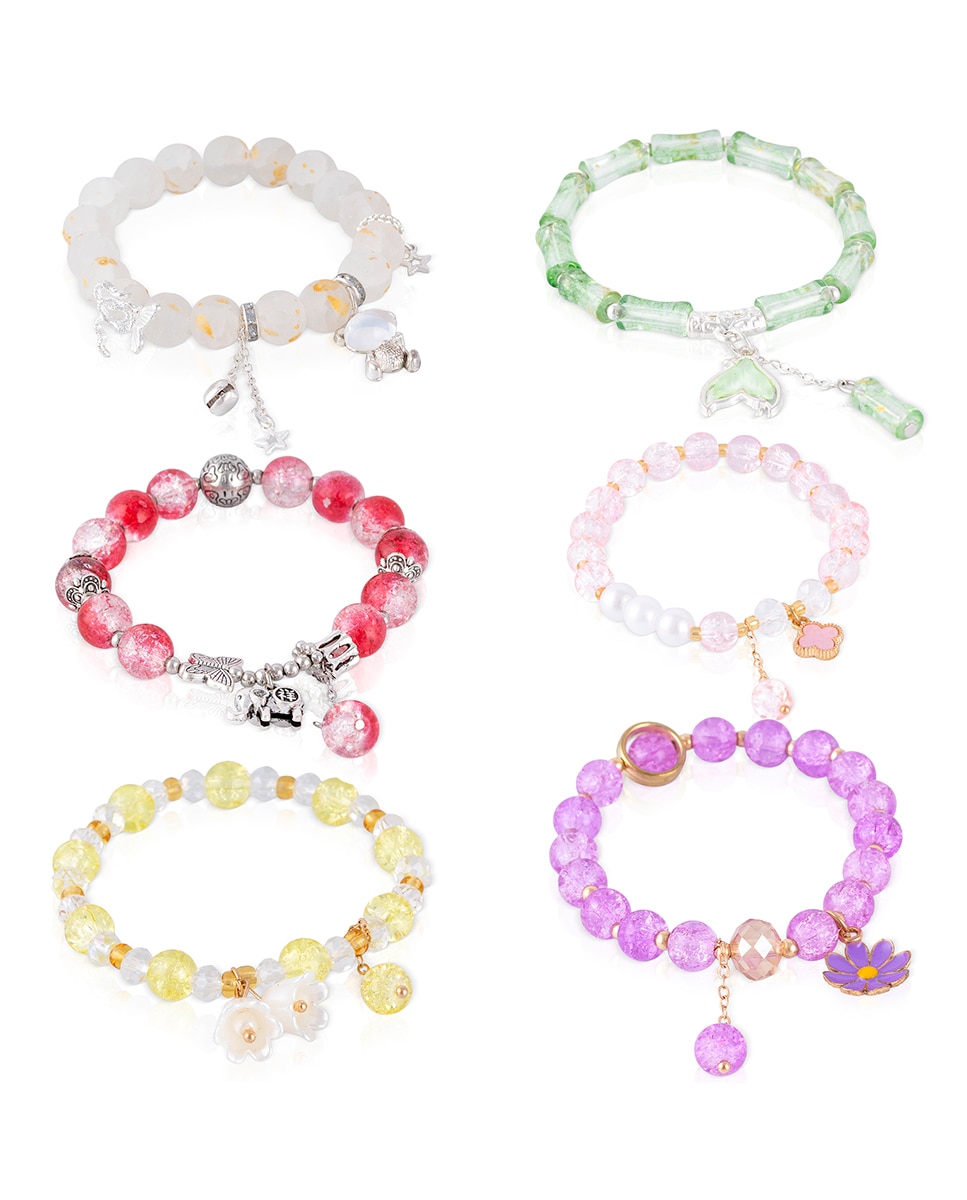 Imagen 0 de Set de 6 pulseras elásticas con cuentas de cristal y diseños amarillo, blanco, granate, morado, verde y rosa