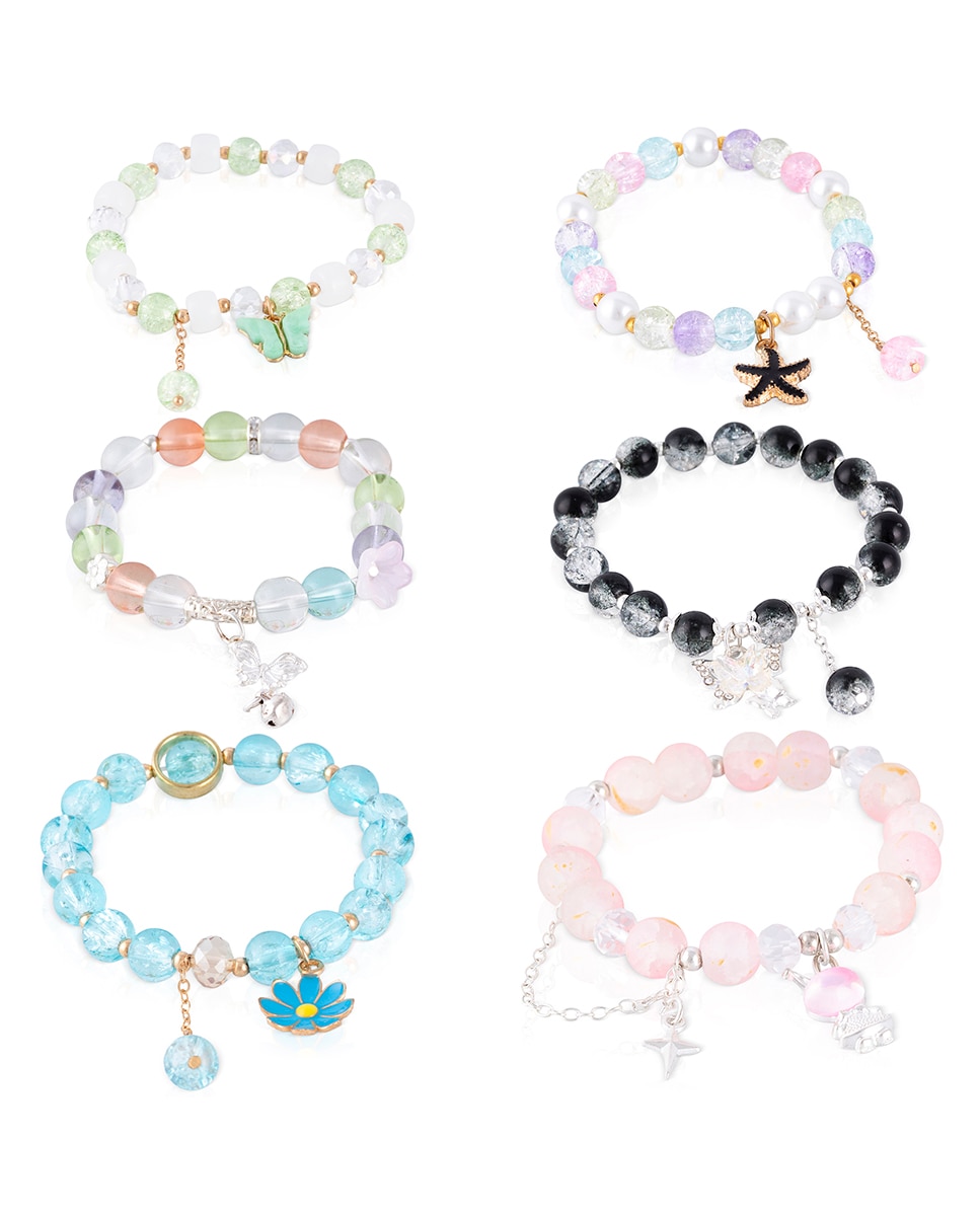 Imagen 0 de Set de 6 pulseras elásticas con cuentas de cristal y diseños multicolor, rosa, negro, azul, multicolor y verde