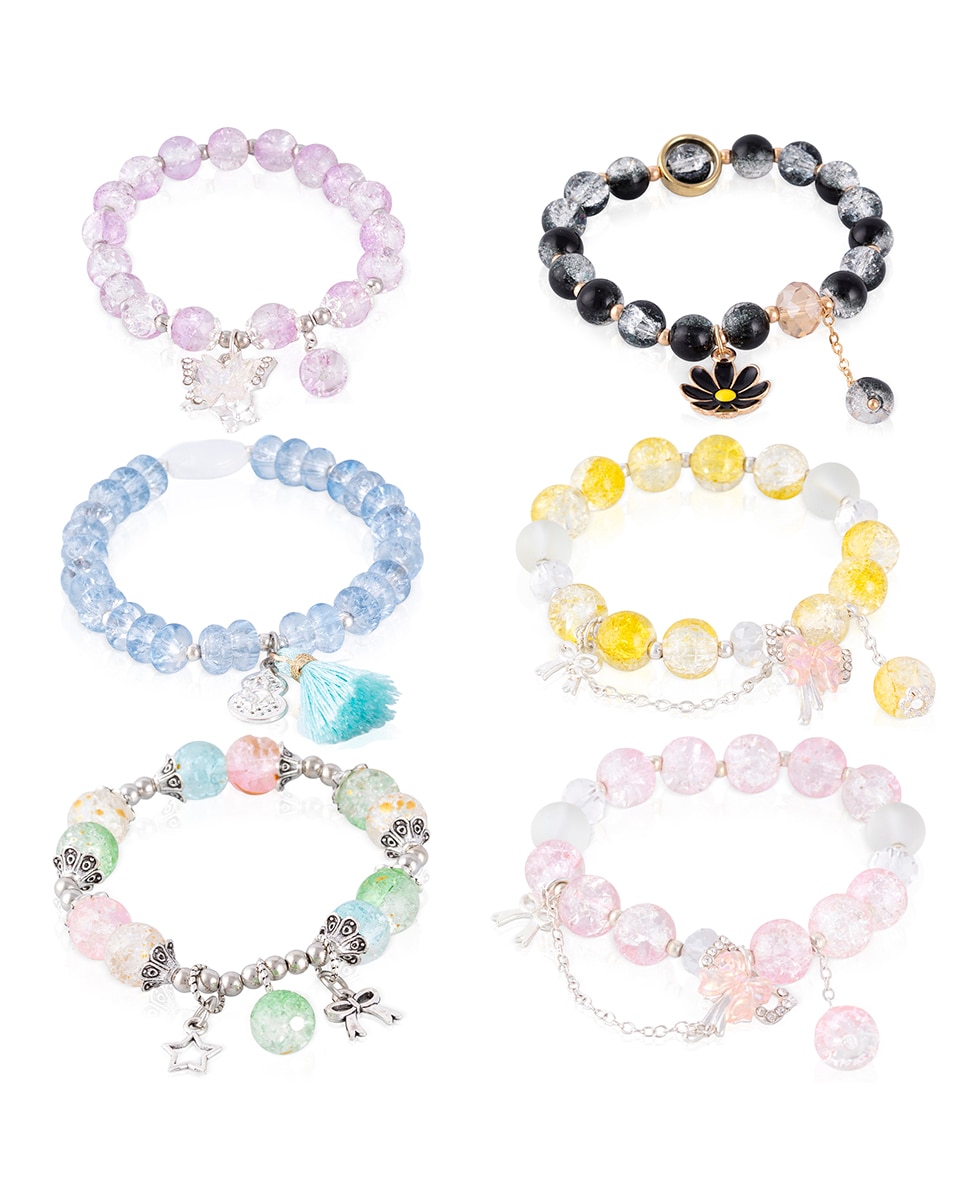 Imagen 0 de Set de 6 pulseras elásticas con cuentas de cristal y diseños amarillo, rosa, negro, azul, morado y multicolor