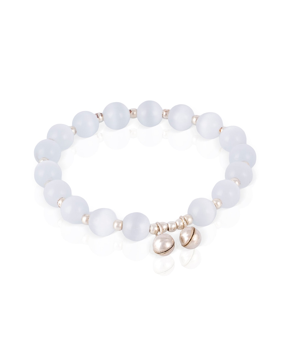 Imagen 0 de Pulsera elástica con piedras artificiales de ojo de gato con cascabeles y detalles en plata de ley 925