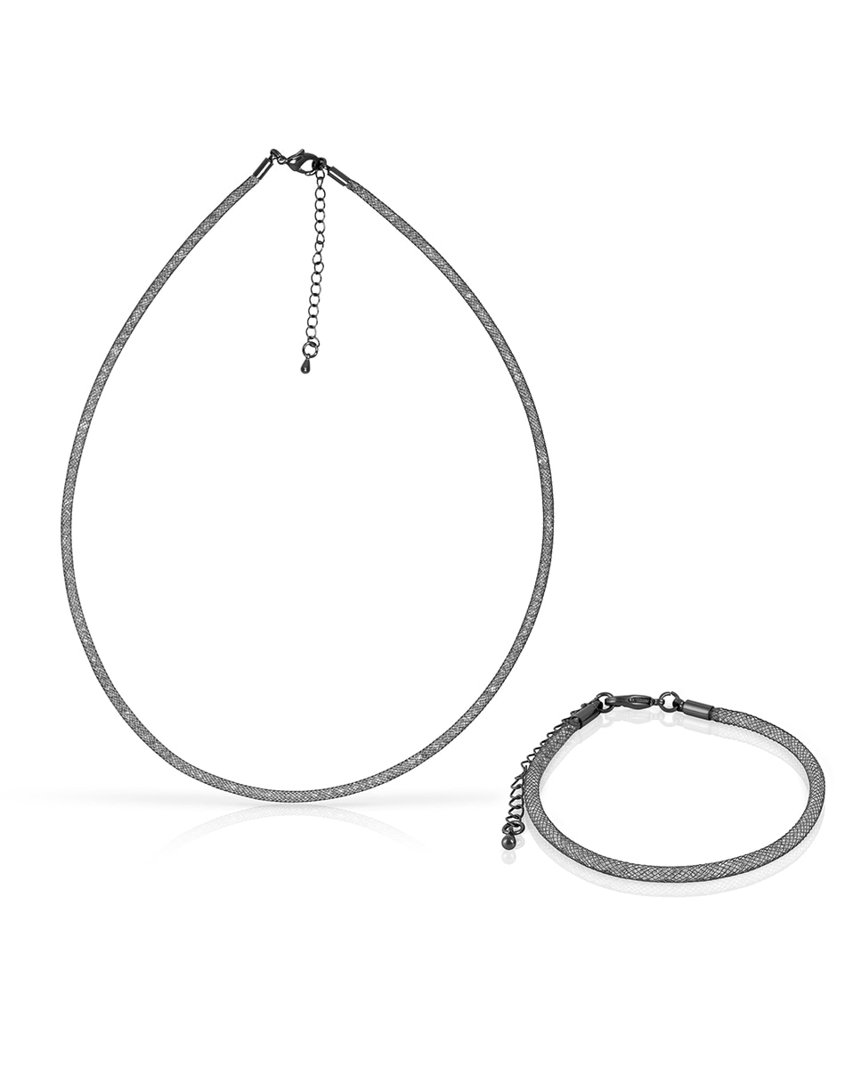 Imagen 0 de Set de collar y pulsera negros de malla de cobre con relleno de cristal brillante y cierre de mosquetón de cobre con acabado negro