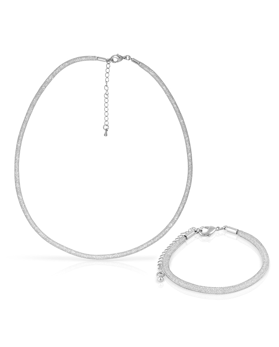 Imagen 0 de Set de collar y pulsera plateados de malla de cobre con relleno de cristal brillante y cierre de mosquetón de cobre plateado
