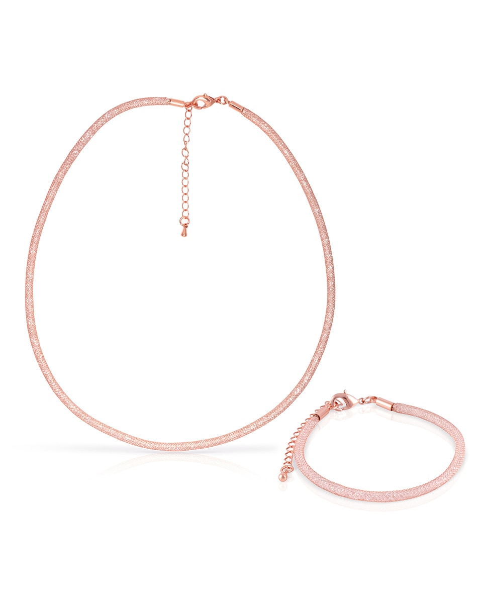 Imagen 0 de Set de collar y pulsera rosas de malla de cobre con relleno de cristal brillante y cierre de mosquetón de cobre con acabado rosa
