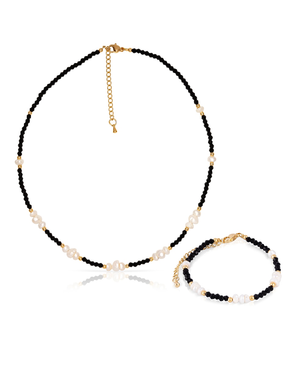 Imagen 0 de Set de pulsera y collar a juego de cristal de punta negra y perlas naturales con cierre de mosquetón