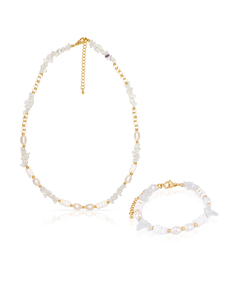 Imagen 0 de Set de pulsera y collar a juego de ópalo, conchas y perlas naturales con cierre de mosquetón