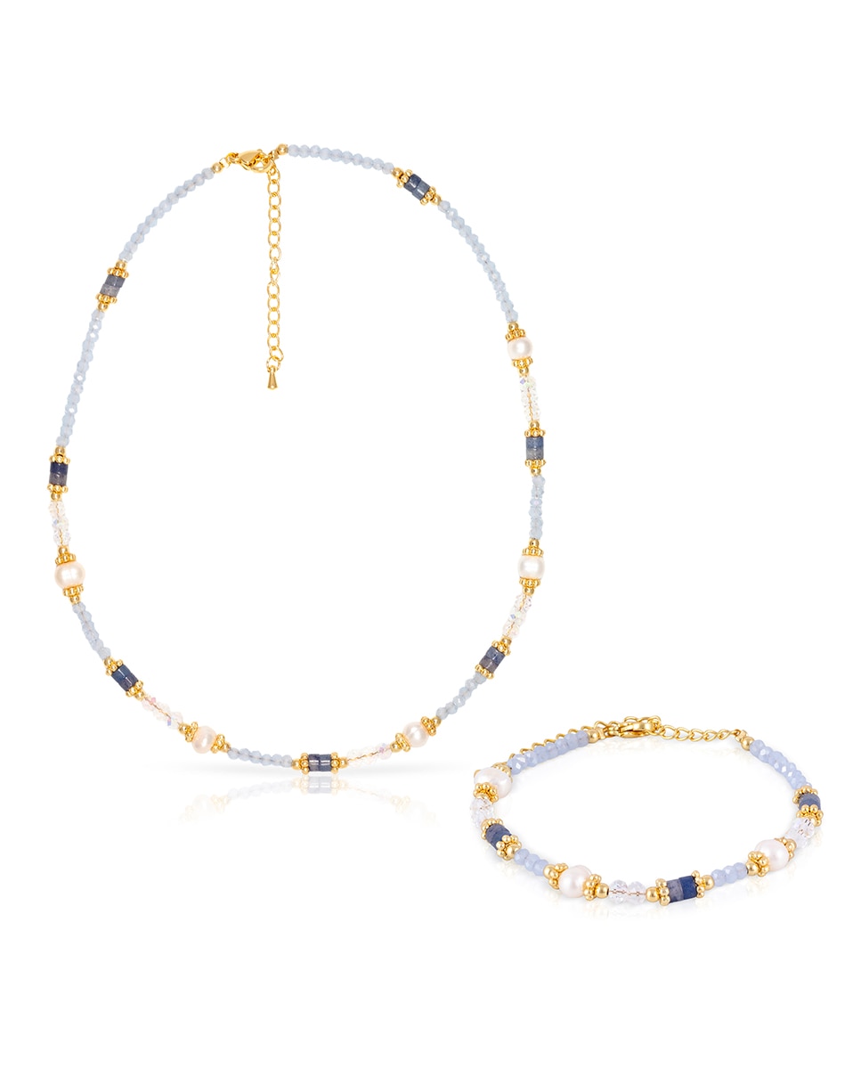 Imagen 0 de Set de pulsera y collar a juego En lapislázuli, cristales azules y blancos con perlas naturales y cierre de mosquetón