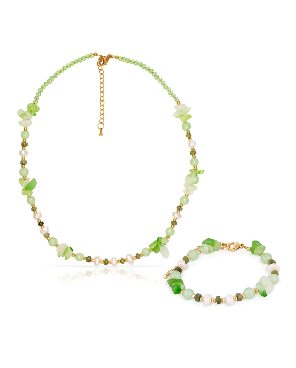 Imagen 0 de Set de pulsera y collar a juego Diseño de ágata verde y perlas naturales, con cierre de mosquetón