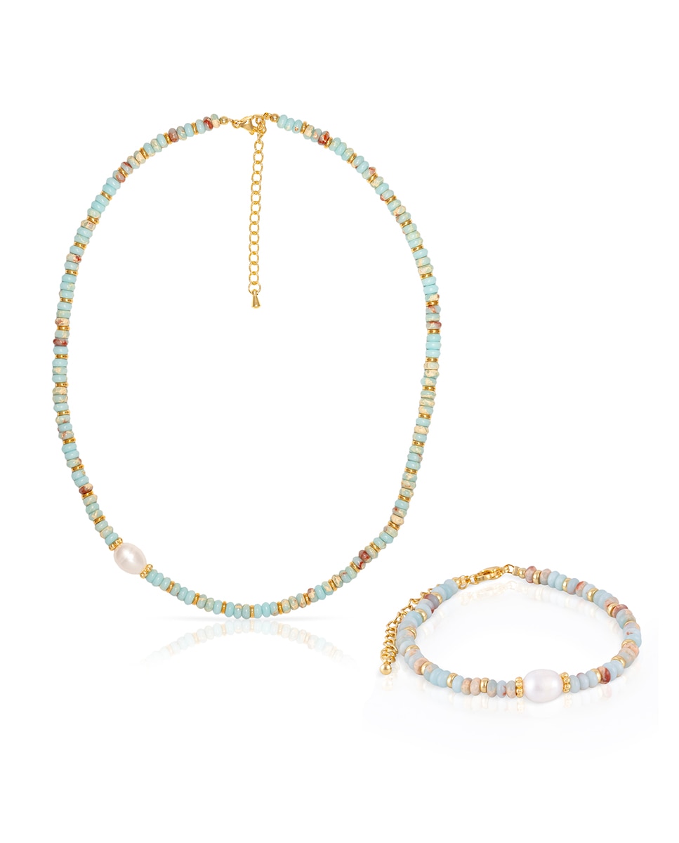Imagen 0 de Set de pulsera y collar a juego de piedras Shou shan, perla blanca natural y cierre de mosquetón