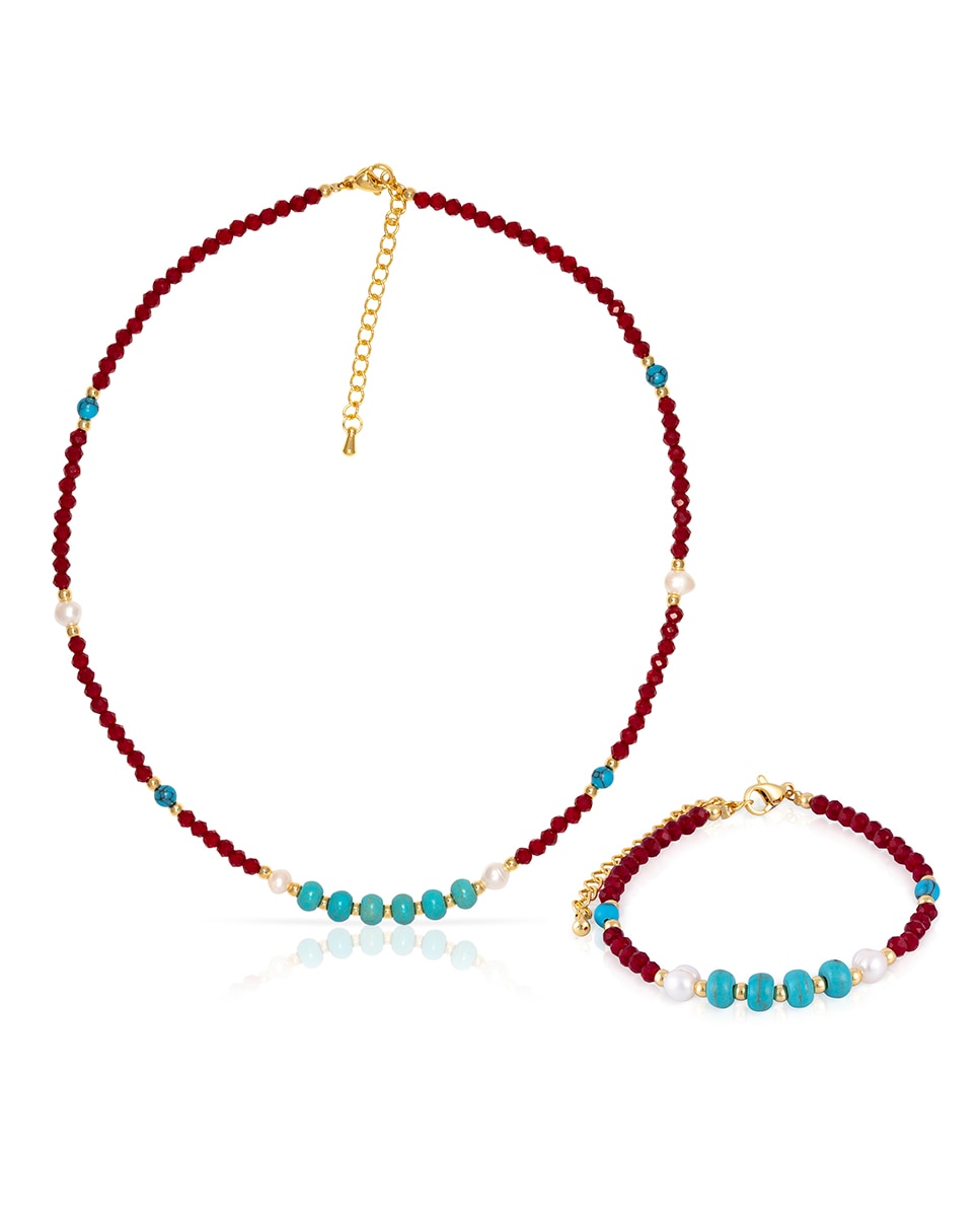 Imagen 0 de Set de pulsera y collar a juego de turquesa, cristal y perlas naturales con cierre de mosquetón
