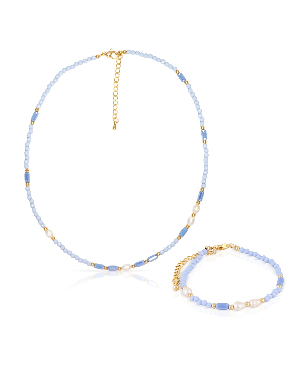 Imagen 0 de Set de pulsera y collar a juego de cristales azules y perlas naturales con cierre de mosquetón