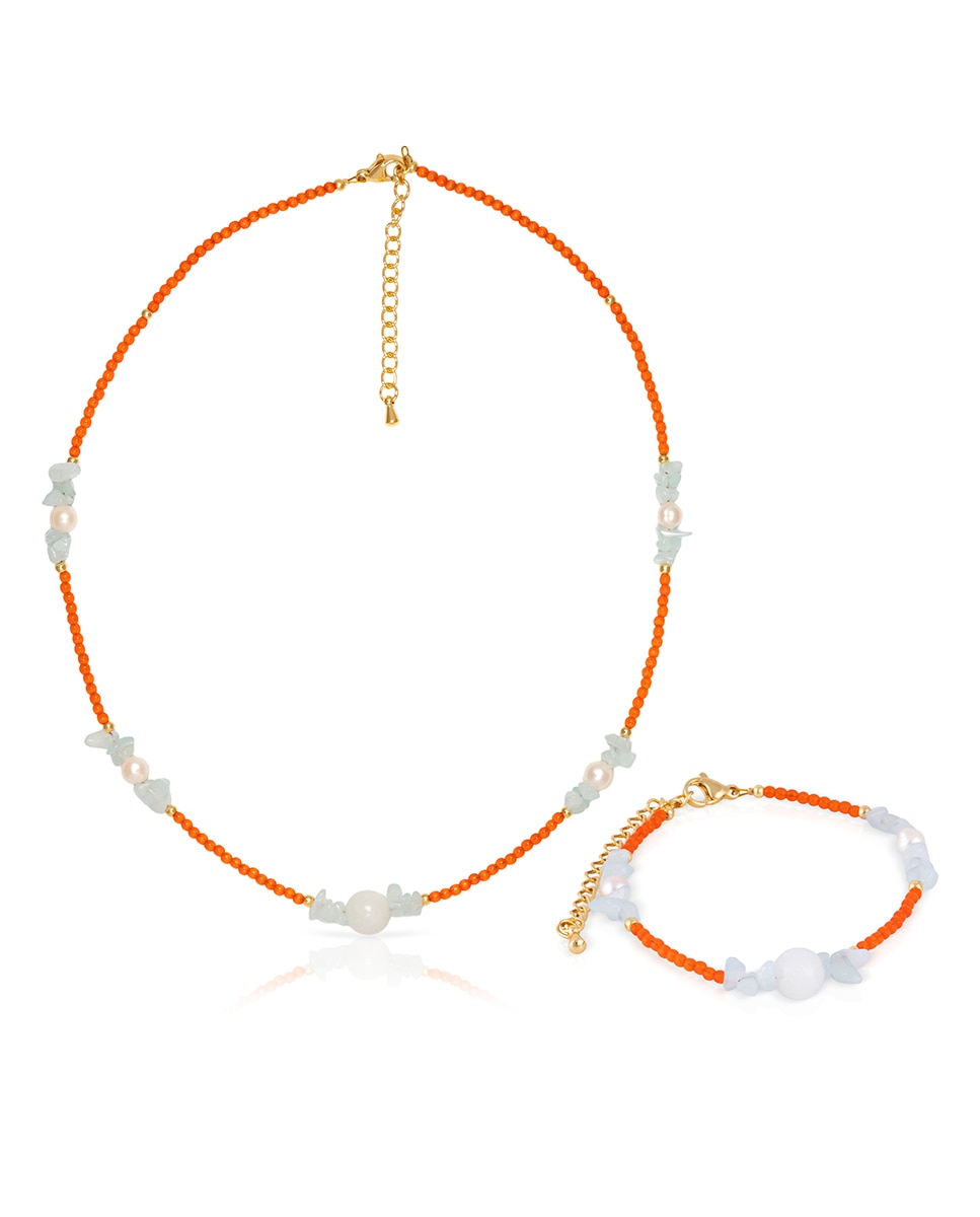Imagen 0 de Set de pulsera y collar a juego de ojo de gato naranja, lapislázuli claro, mármol blanco y perlas naturales con cierre de mosquetón