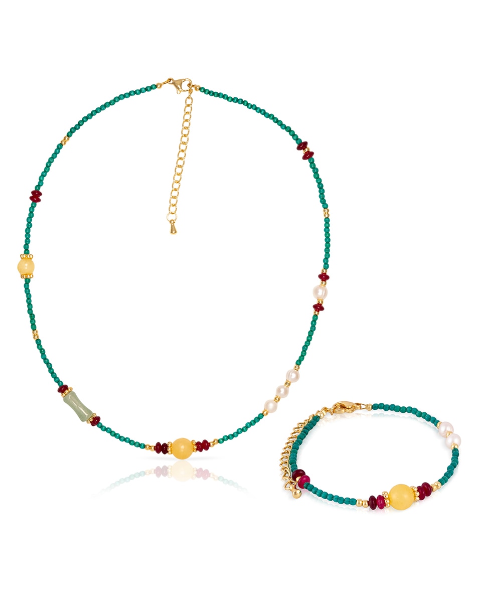 Imagen 0 de Set de pulsera y collar a juego de ojo de gato, lapislázuli, ámbar y perlas naturales con cierre de mosquetón