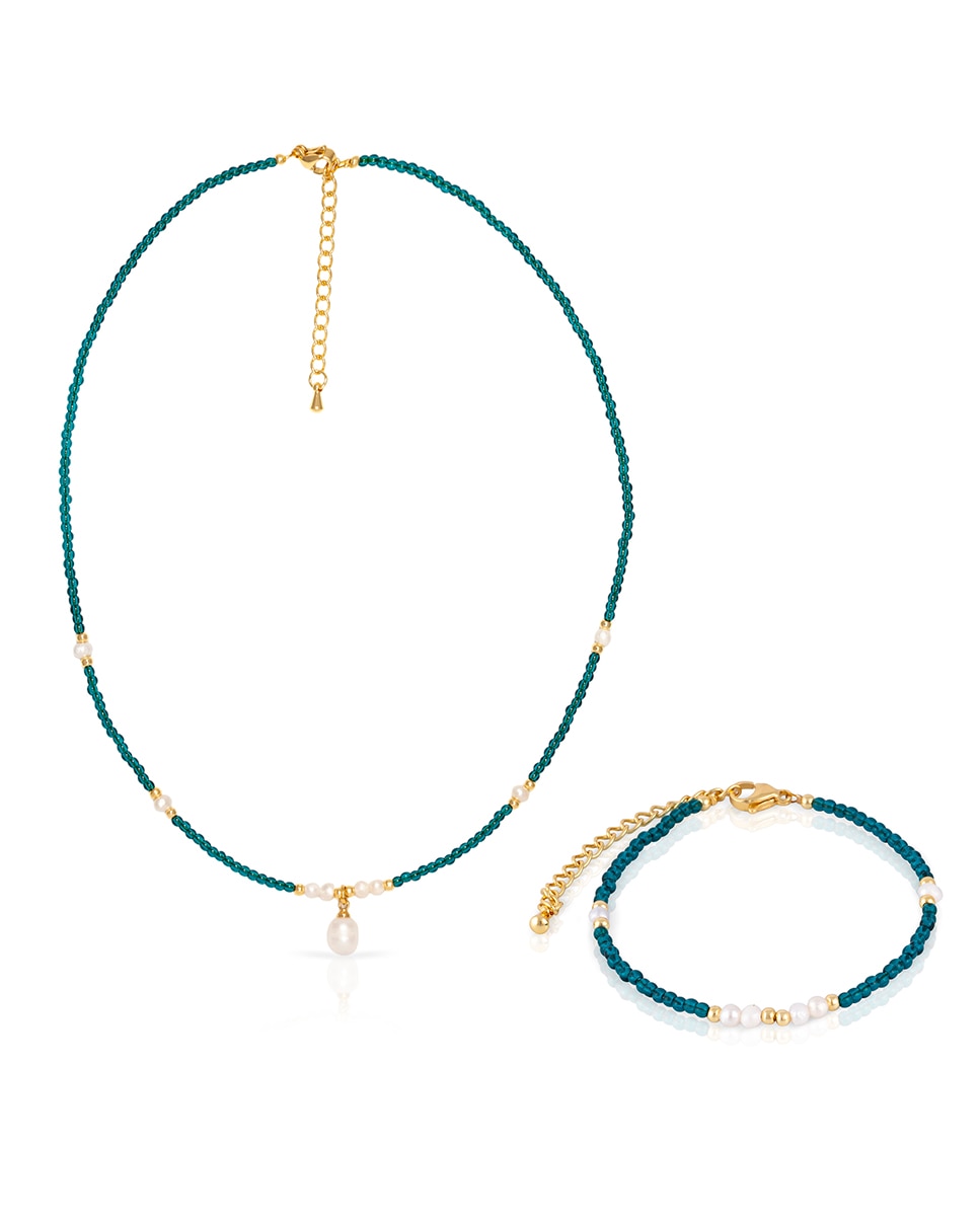Imagen 0 de Set de pulsera y collar a juego de fosfato azul y perlas naturales con cierre de mosquetón