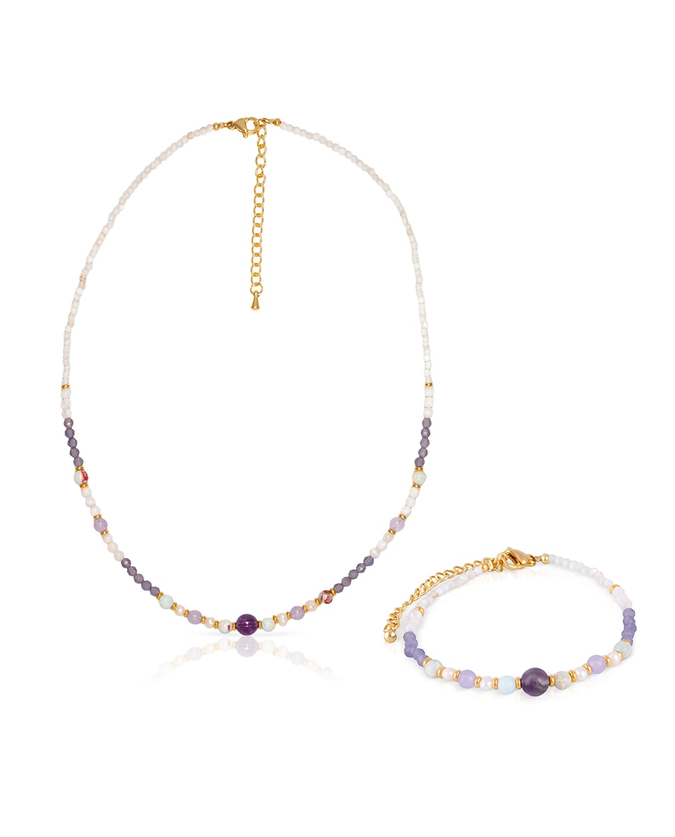 Imagen 0 de Set de pulsera y collar a juego de amatista, piedras Shoushan, conchas blancas y perlas naturales con cierre de mosquetón