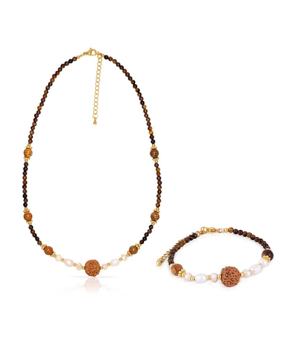 Imagen 0 de Set de pulsera y collar a juego de ojos de tigre, perlas naturales y semilla de Buda con cierre de mosquetón