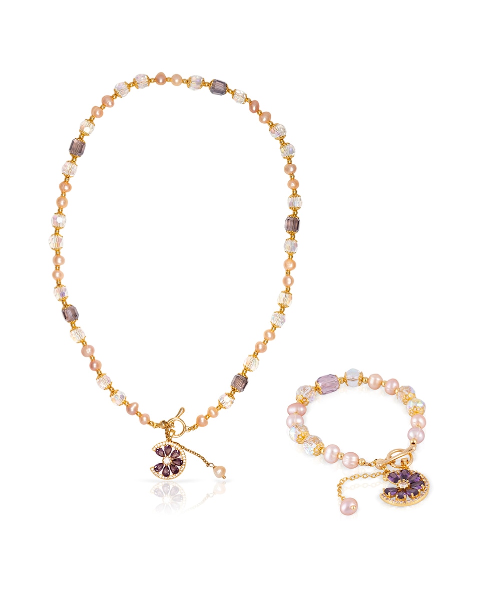 Imagen 0 de Set de pulsera y collar a juego con colgante de margarita, circonitas multicolor, cristal brillante de doble cara y perlas naturales