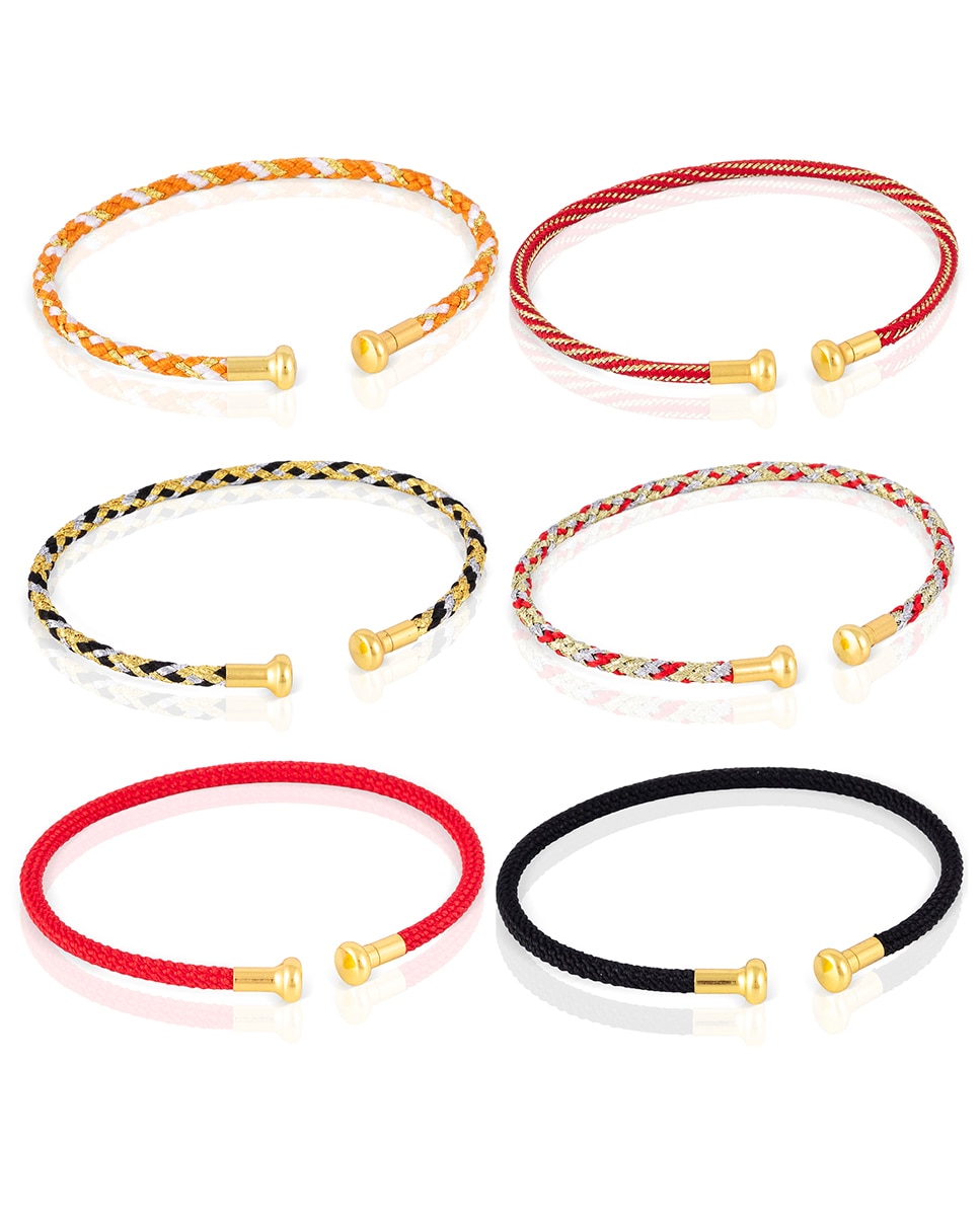 Imagen 0 de Pack de 6 pulseras rígidas trenzadas de hilo de poliéster relleno de hilo de acero negro, rojo y multicolor con cierre abierto de cobre dorado
