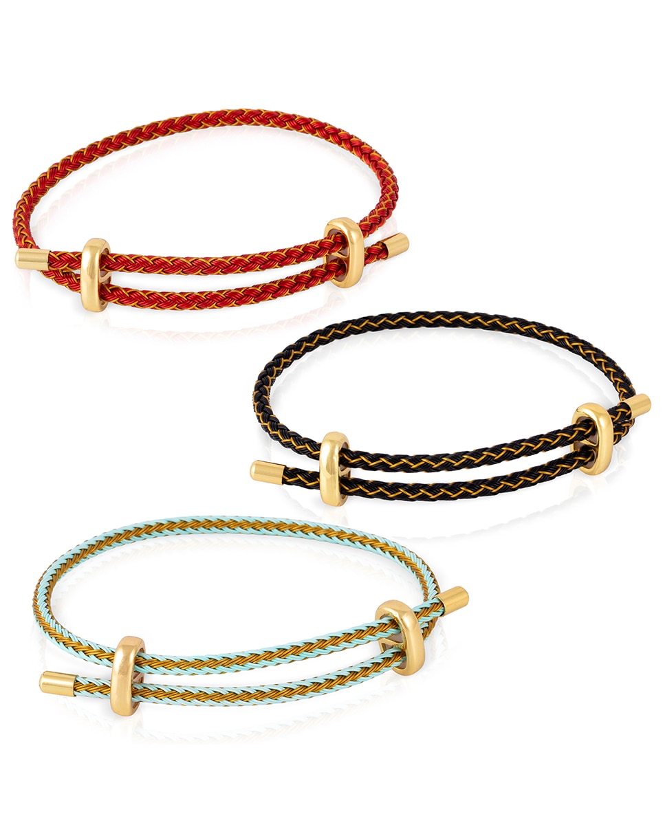 Imagen 0 de Pack de 3 pulseras trenzadas de doble alambre de acero negro, rojo y verde con cierre cruzado de cobre dorado
