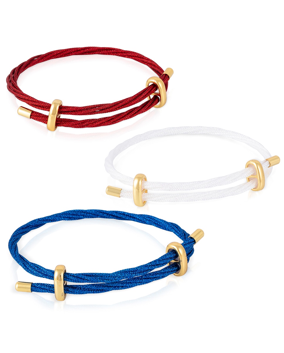 Imagen 0 de Pack de 3 pulseras multihebra entrelazada de hilo de nylon blanco, rojo y azul con cierre cruzado de cobre dorado