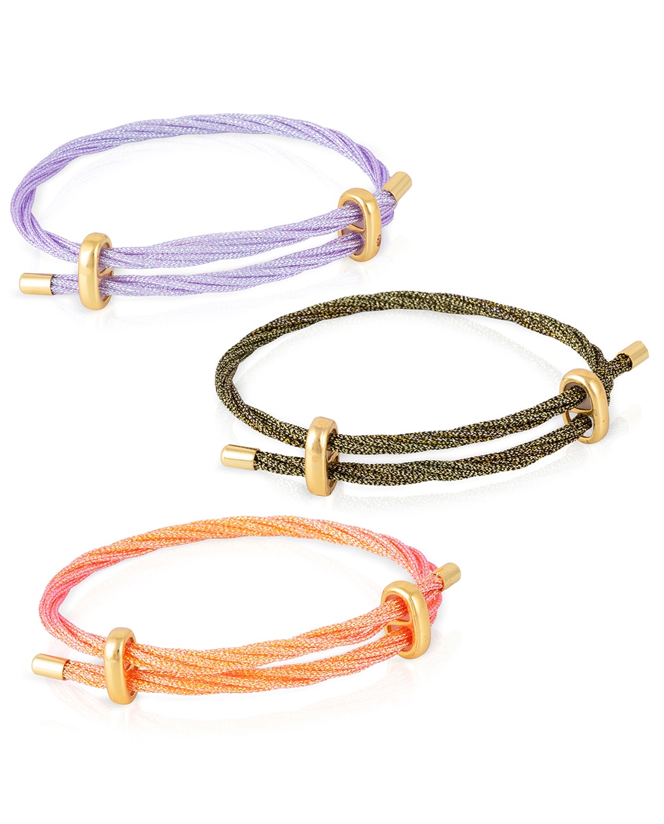 Imagen 0 de Pack de 3 pulseras multihebra entrelazada de hilo de nylon naranja, verde y lila con cierre cruzado de cobre dorado