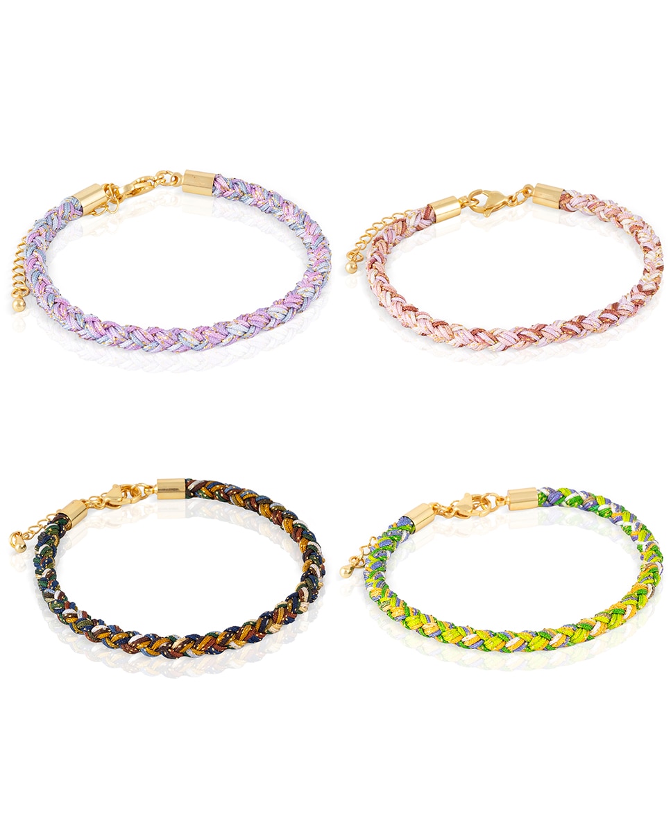 Pack de 4 pulseras trenzadas de alambre de acero multicolor con cierre de mosquetón en cobre dorado — oferta en Primeriti