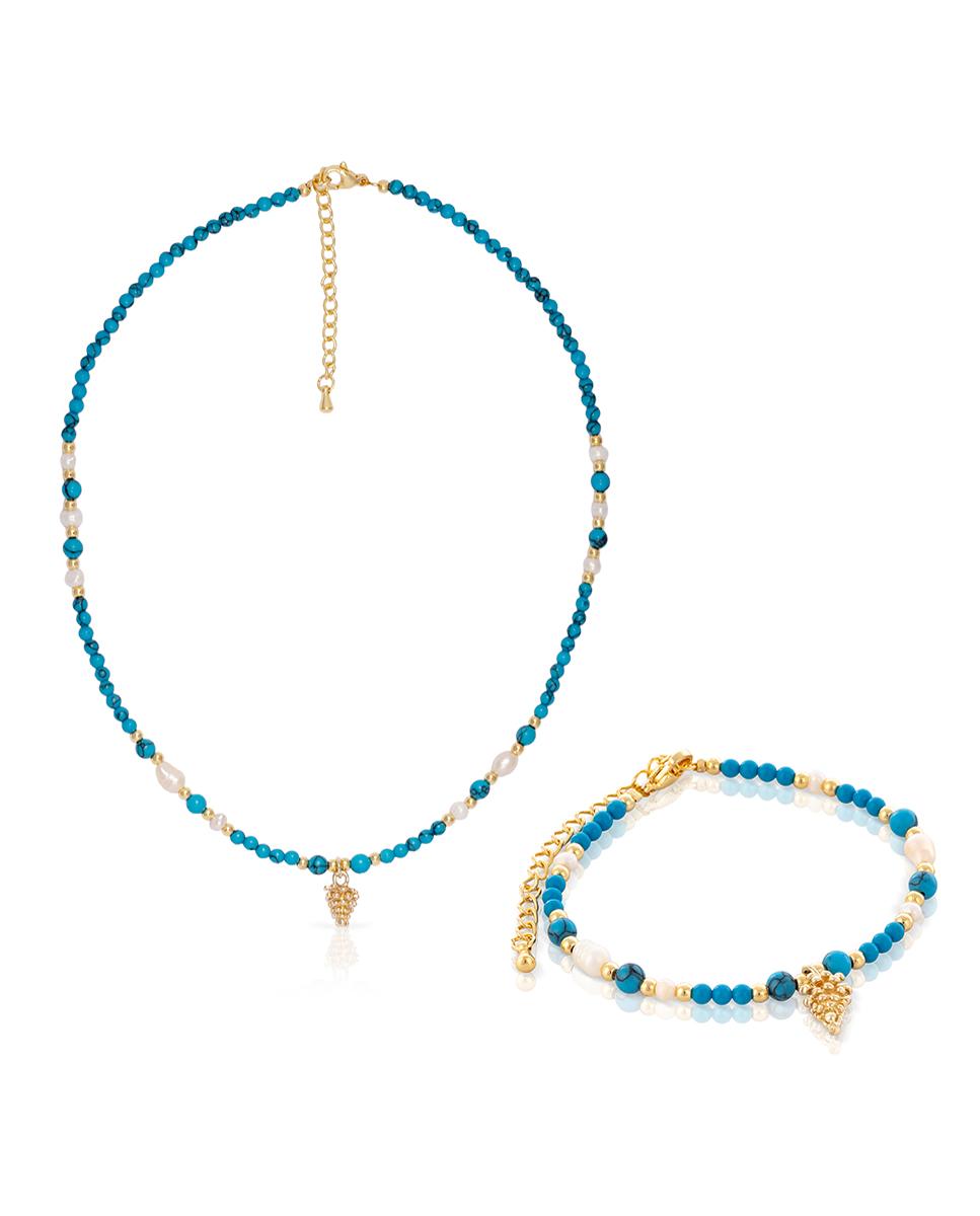 Imagen 0 de Salacia Set de pulsera y collar a juego, de perlas naturales, turquesas y colgante con diseño de pinón.