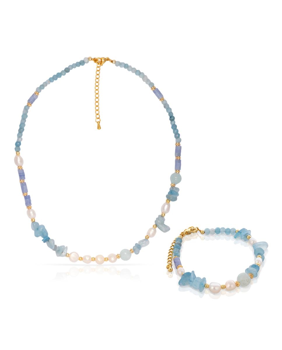 Imagen 0 de Egeria Set de pulsera y collar a juego de perlas naturales y aguamarina.