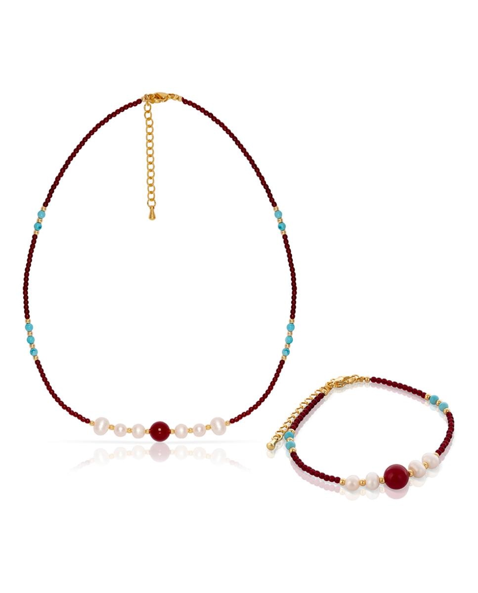 Imagen 0 de Marte Set de pulsera y collar a juego de perlas naturales con granate, turquesa y ágata roja.