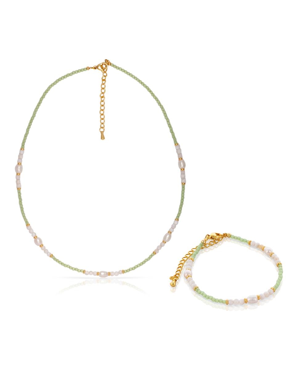 Imagen 0 de Feronia Set de pulsera y collar a juego de perlas naturales con cuentas efecto de ojo de gato en verde claro.