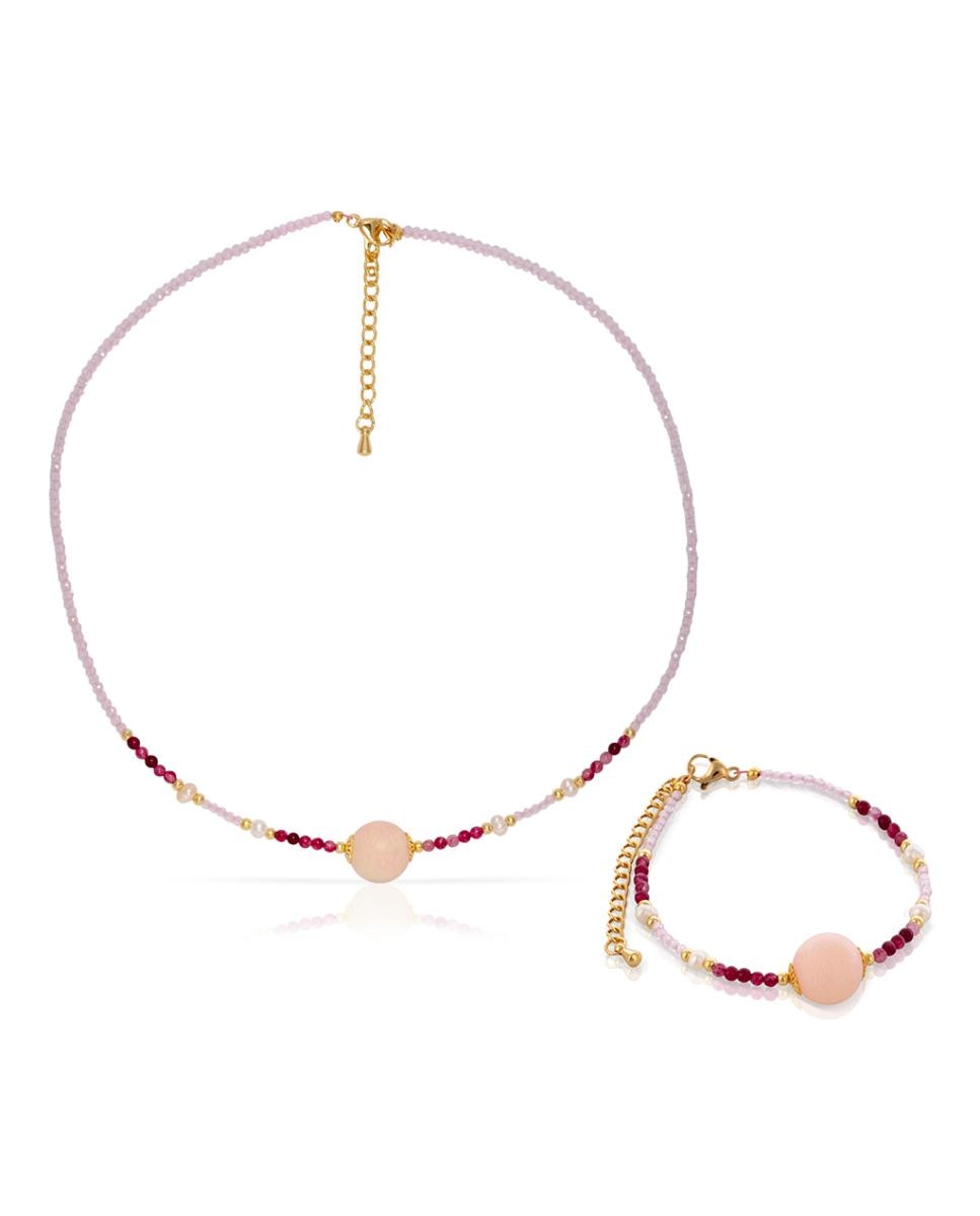 Imagen 0 de Veritas Set de pulsera y collar a juego de perlas naturales con cuentas de turmalina y circón rosa.