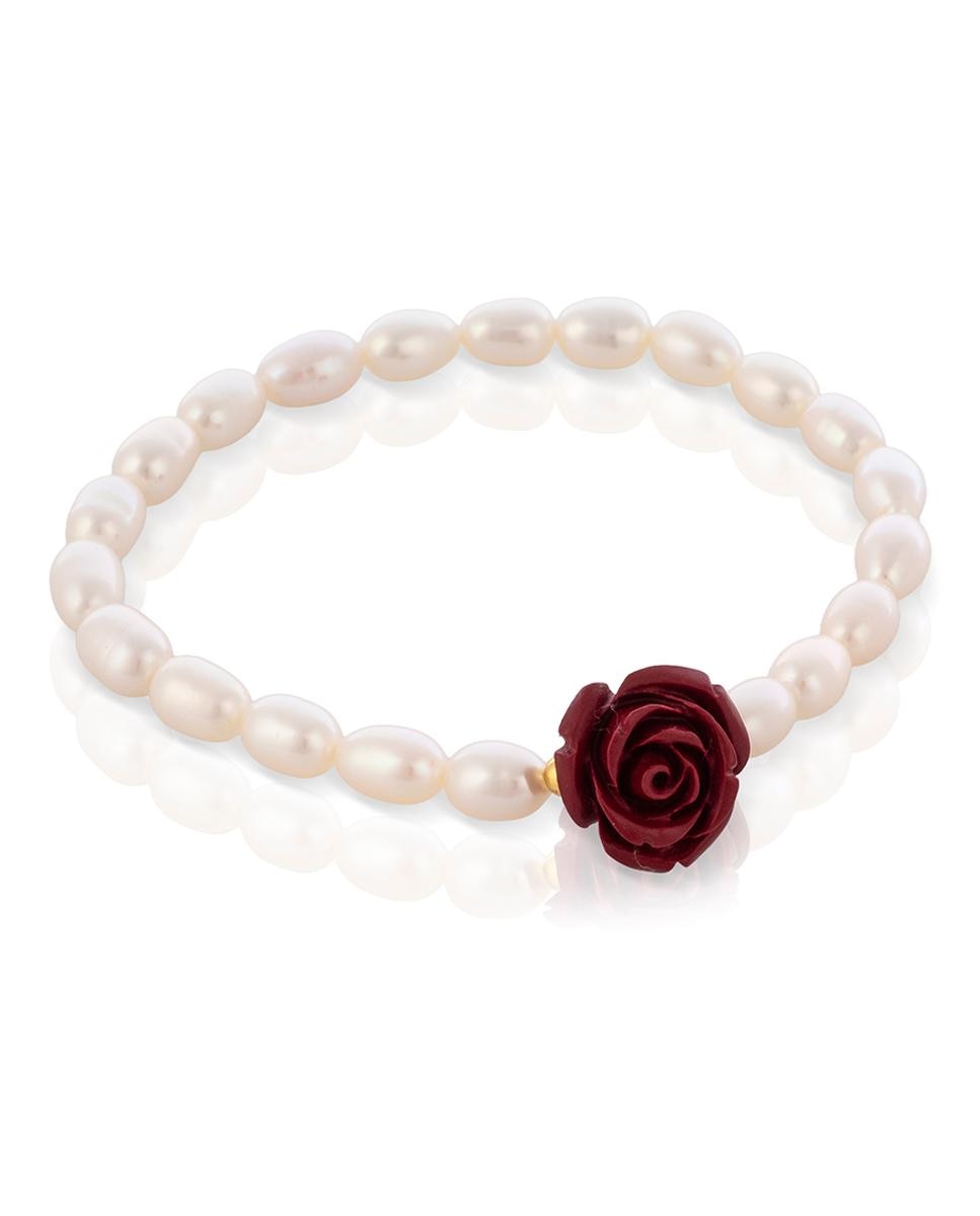 Imagen 0 de Venere Pulsera elástica de perlas naturales con adorno central de cinabrio y diseño de rosa.
