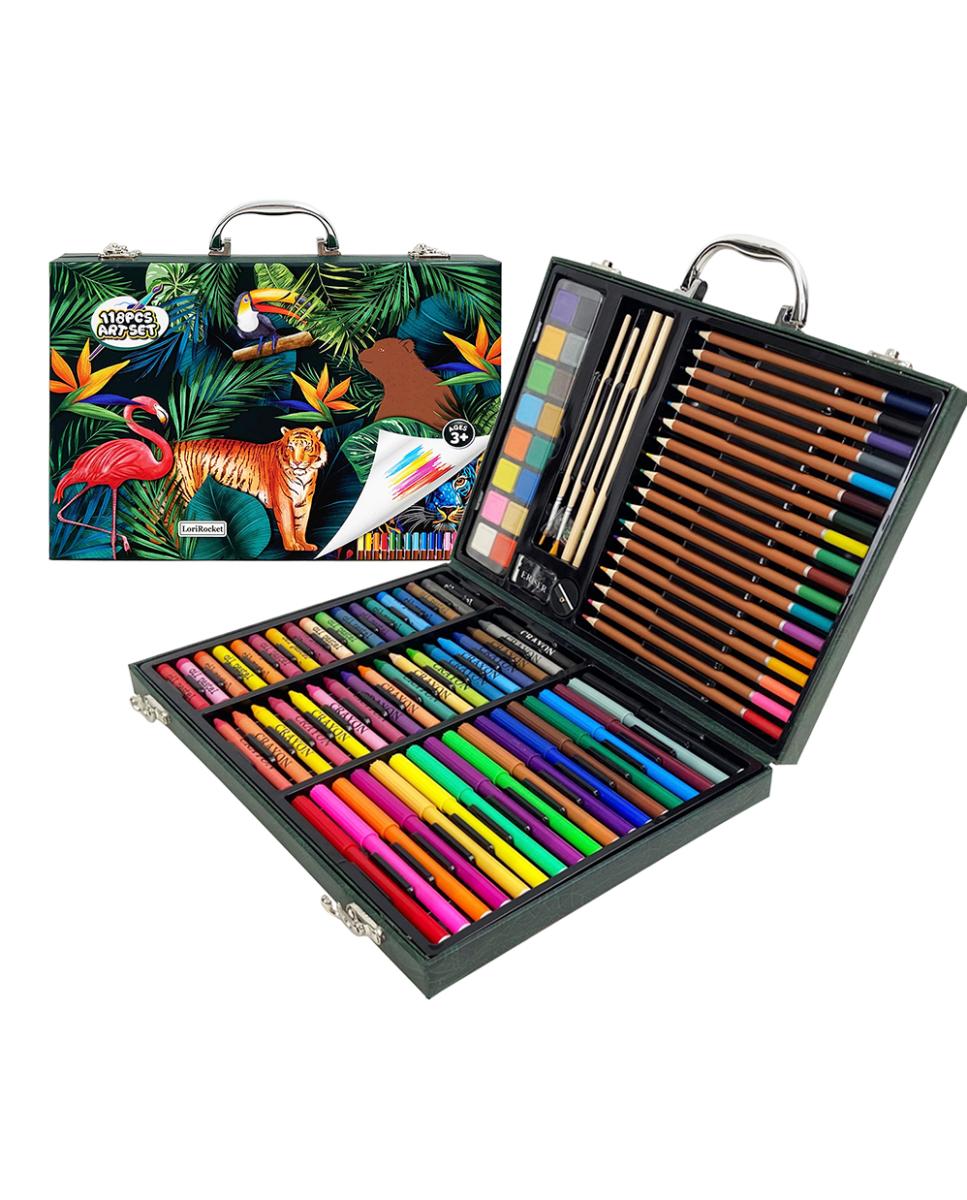 Imagen 0 de Maletin bellas artes 118 piezas con lapices y rotuladores, acuarelas, ceras pastel, pinceles y accesorios. Diseño jungla.